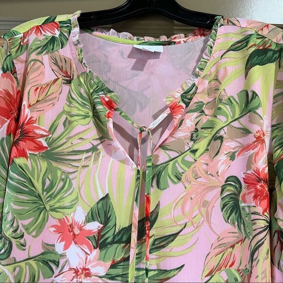J.Jill Pink Green Tropical Floral Tunic Top Spring Summer Blouse Size L - Picture 4 of 9
